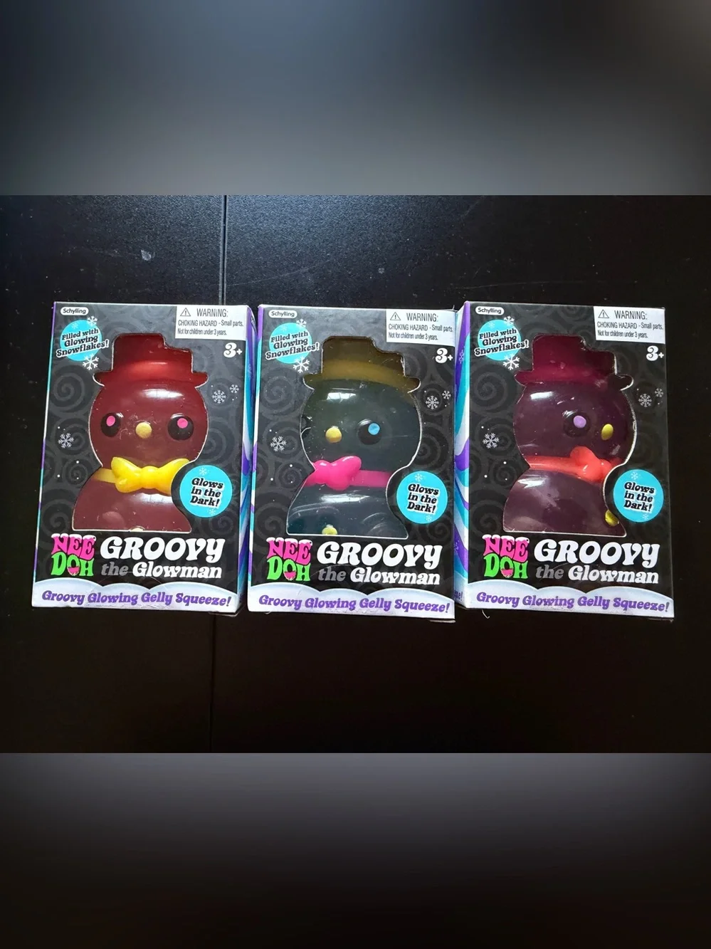 Lot of 3 New Nee Doh Schylling Groovy Glowman Snowman Glow in Dark Squishmas